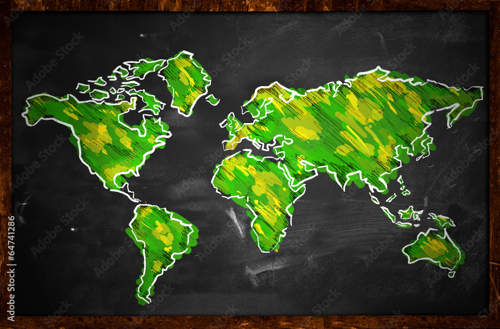 Obraz premium Green World Map Sketch On Blackboard