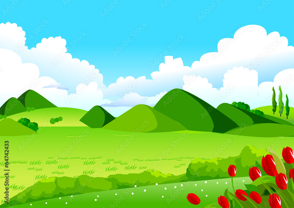 Blue Sky, Green Fields and Distant Hills