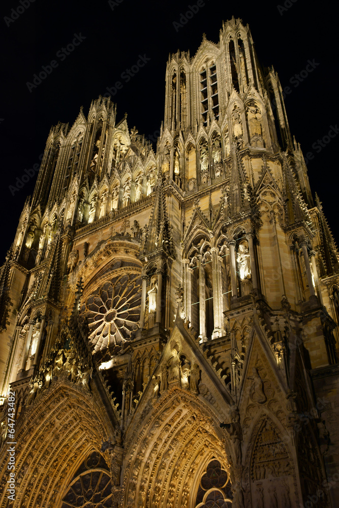 Notre-Dame de Reims Cathedral by night, France.