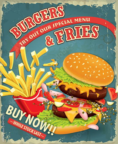 Vintage Burgers with fries set poster design