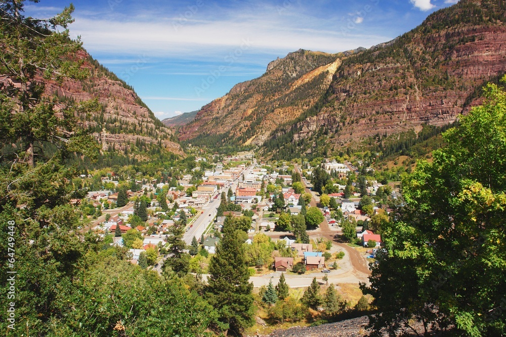 View from road of the town Ouray, Colorado