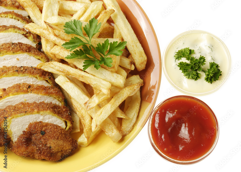 French fries and chicken on the white isolated background French fries and chicken on the white isolated background