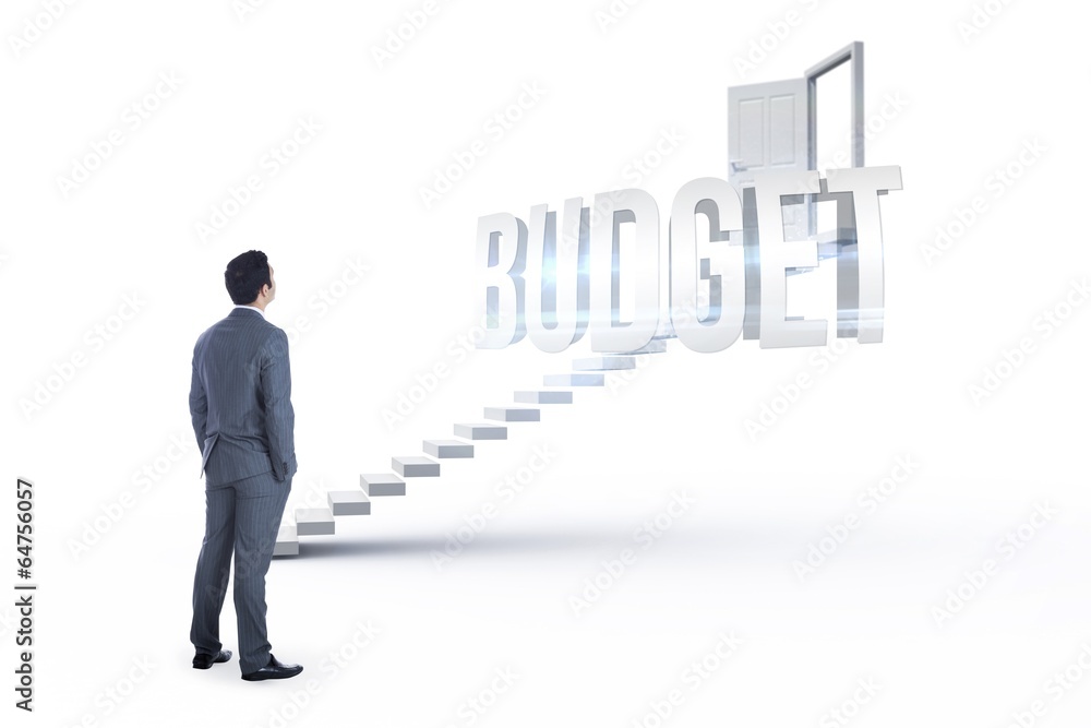 Budget against white steps leading to open door Budget against white steps leading to open door