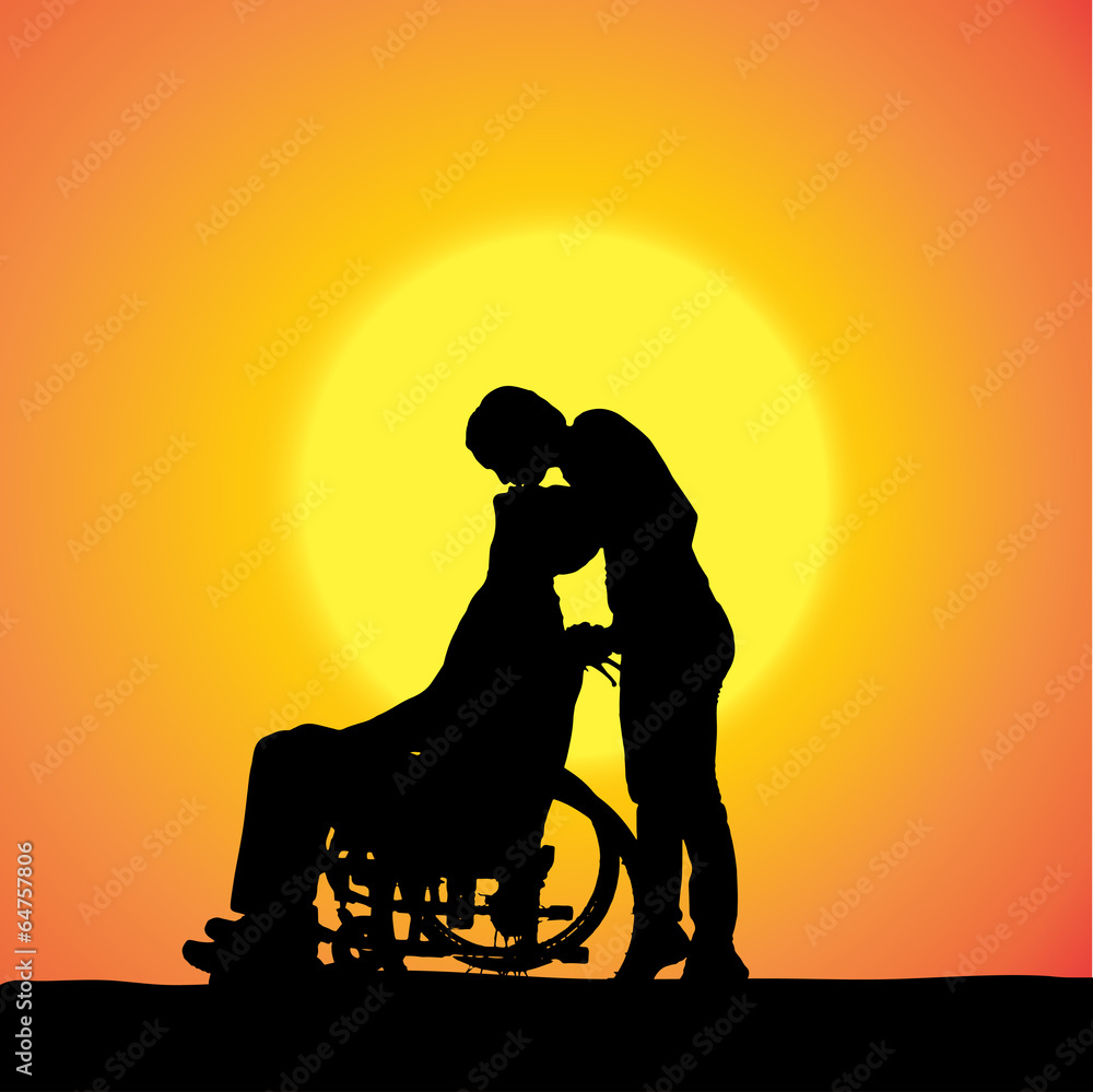 Obraz premium Vector silhouettes of people in a wheelchair.