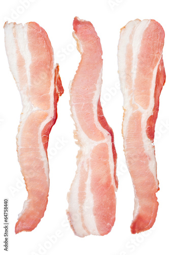 Three pieces of raw bacon isolated on a white background