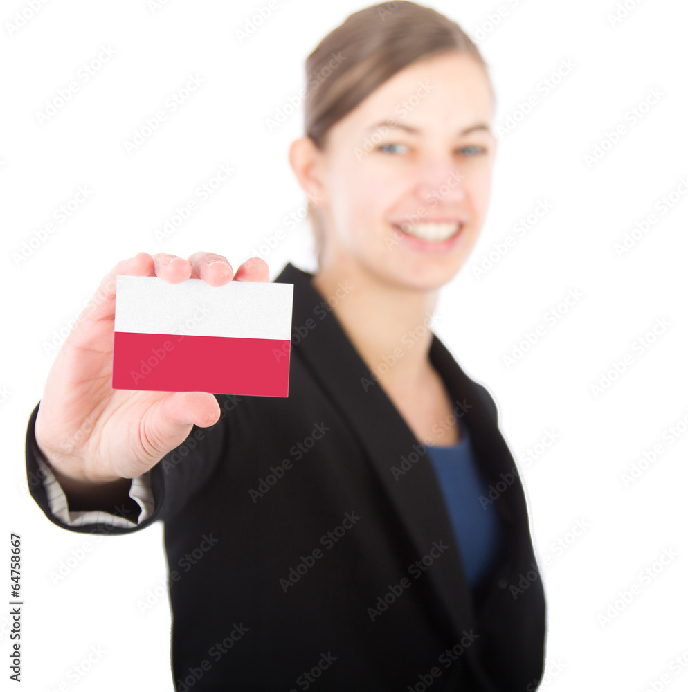 business woman holding a card with the flag of Poland business woman holding a card with the flag of Poland