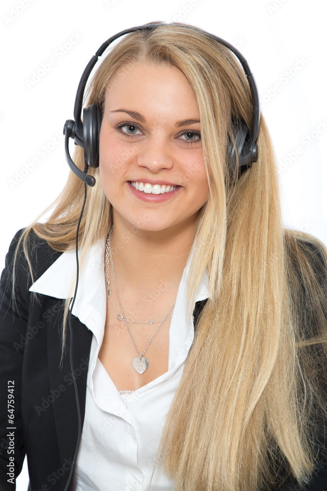 Symphatische Frau mit Headset auf dem Kopf Symphatische Frau mit Headset auf dem Kopf