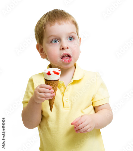 funny kid eating ice cream isolated on white
