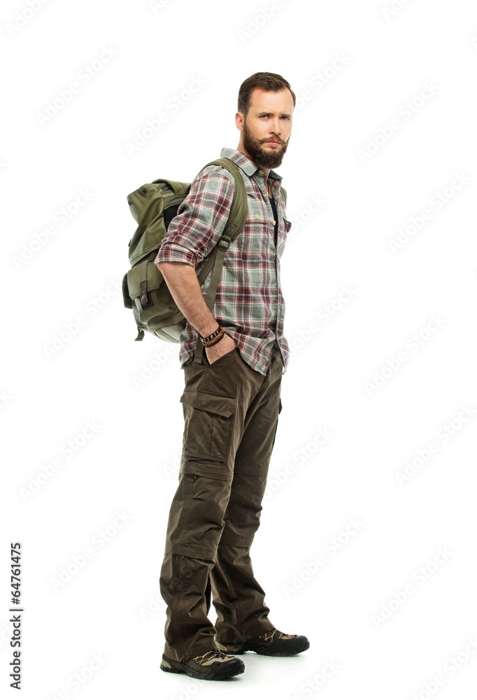 Handsome traveler with backpack isolated on white Handsome traveler with backpack isolated on white