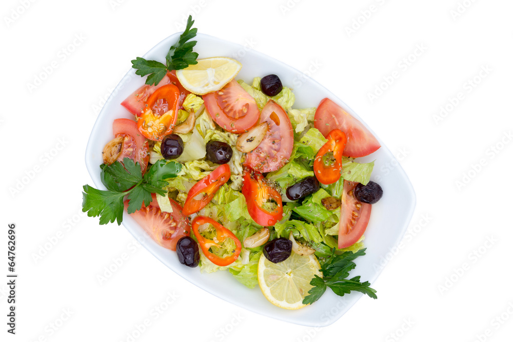 Above view of fresh Mediterranean salad with Pure olive oil Above view of fresh Mediterranean salad with Pure olive oil