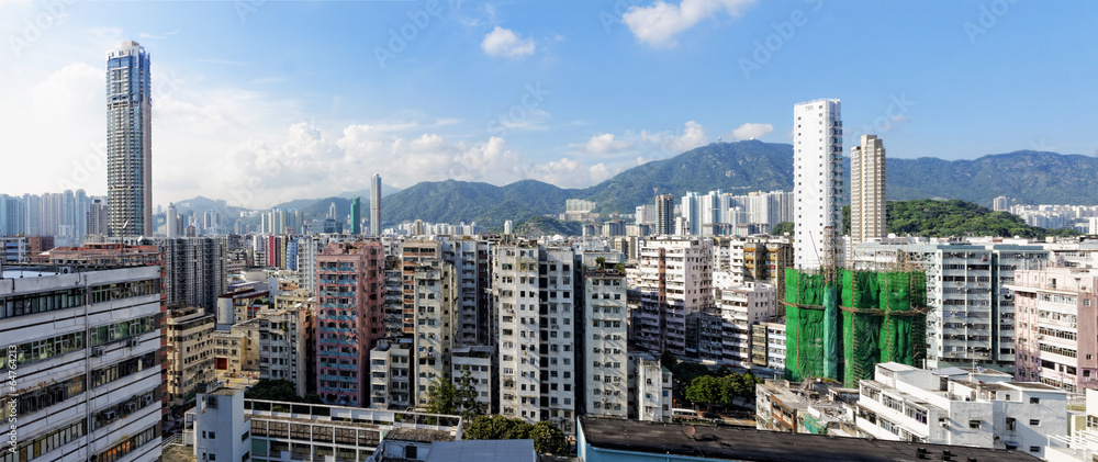 Hong Kong aerial view panorama with urban skyscrapers