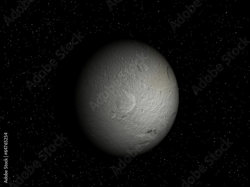 3D rendering of the Saturn Moon Tethys on a starry background, h © mrtimmi