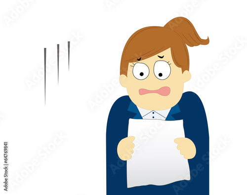 A disappointed young woman looking at a document