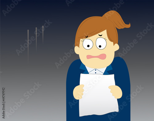 A disappointed young woman looking at a document