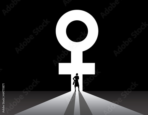 Business woman silhouette stand front of big female symbol door