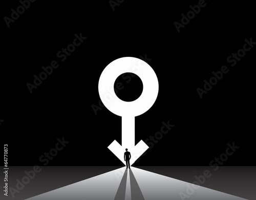 Business man silhouette stand front of big male symbol door