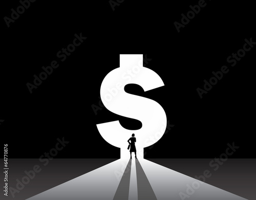 Business woman silhouette standing front dollar money bank door