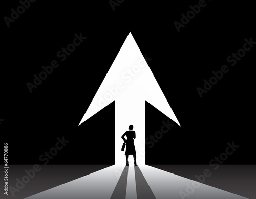 Business woman silhouette stand front big up growth arrow door
