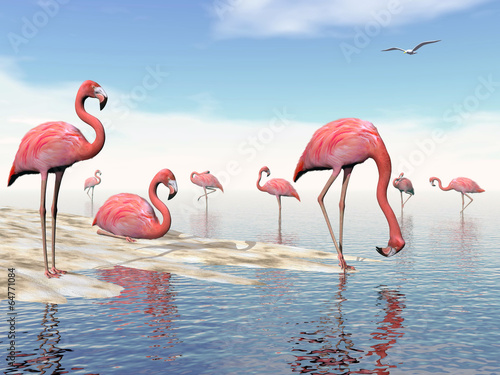 Flock of pink flamingos - 3D render