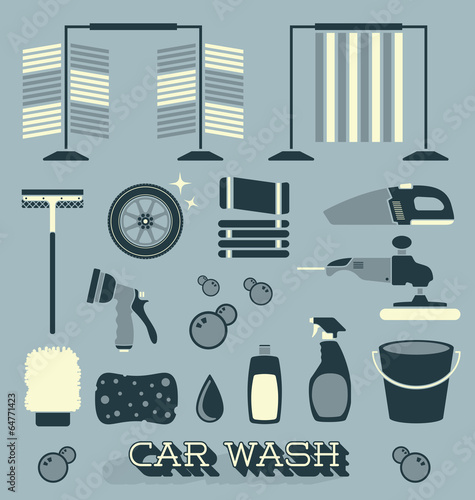Vector Set: Car Wash Icons and Silhouettes