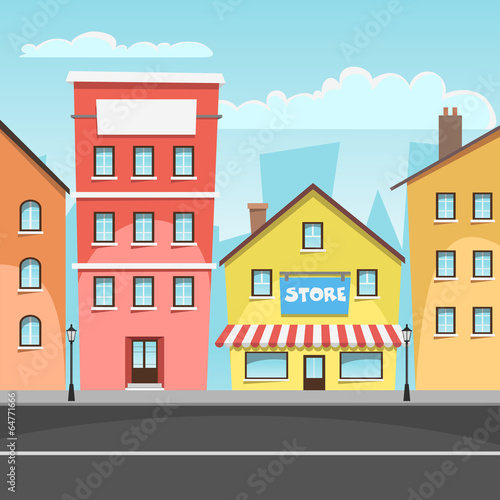 Cartoon illustration of the city with store
