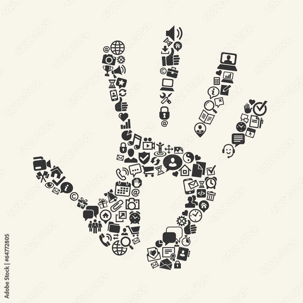 Handprint  with social media icons on background