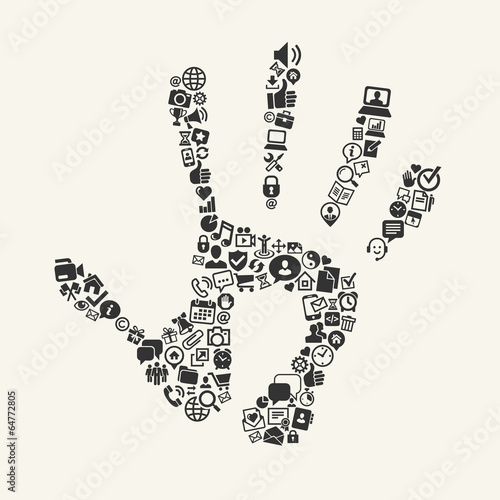 Handprint with social media icons on background