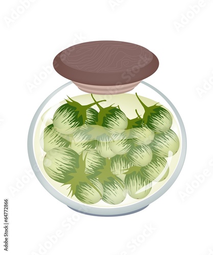Jar of Pikled Green Eggplants in Malt Vinegar