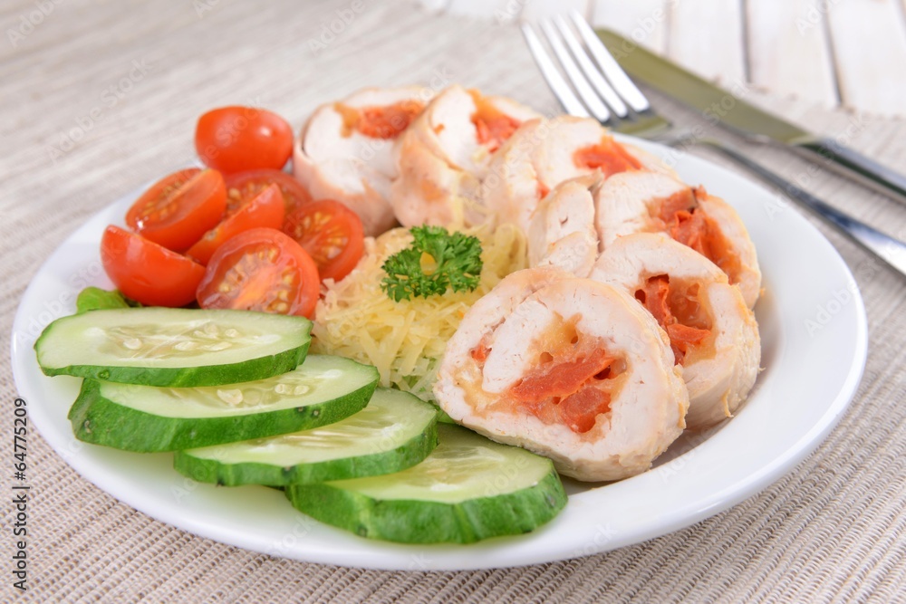 Delicious chicken roll on plate on table close-up Delicious chicken roll on plate on table close-up