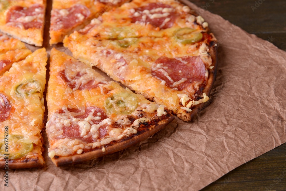 Tasty pizza on table close-up Tasty pizza on table close-up