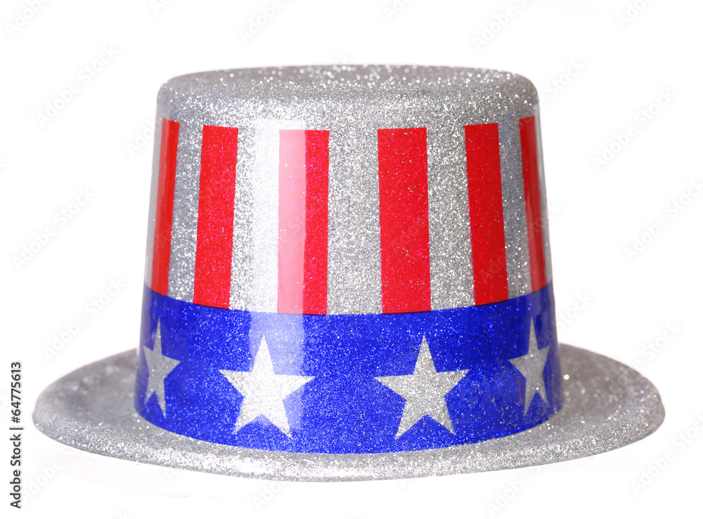 Poster Print Patriotic Hat with American Flag isolated on white. Uncle Sam. 40x30 cm