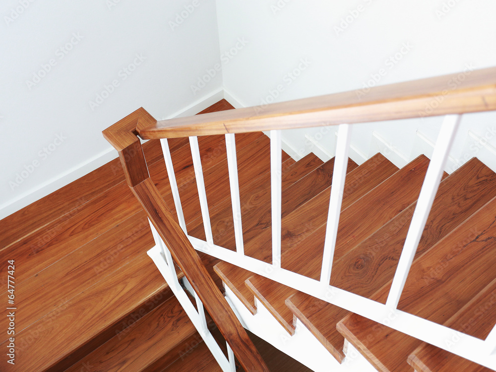wooden staircase in a white modern house - obrazy, fototapety, plakaty 