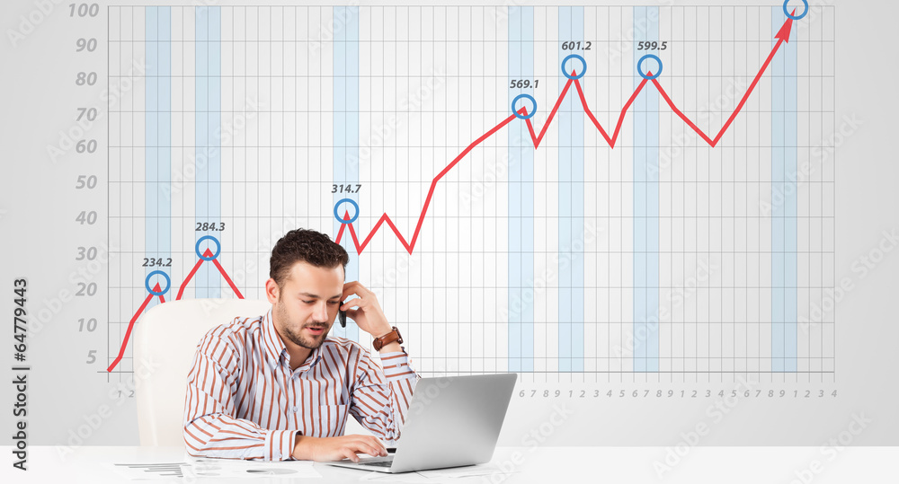 Businessman calculating stock market with rising graph in the ba Businessman calculating stock market with rising graph in the ba