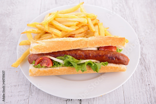 bread with sausage and fries