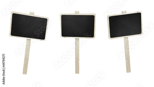 Wooden signboard set with chalkboard on white background