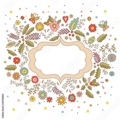 Hand drawn vector card frame flowers leaves hearts butterflies