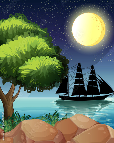 A black ship at the sea under the bright moon