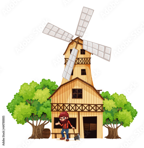 A woodman holding an axe beside the wooden building