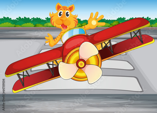 A boastful tiger riding a plane