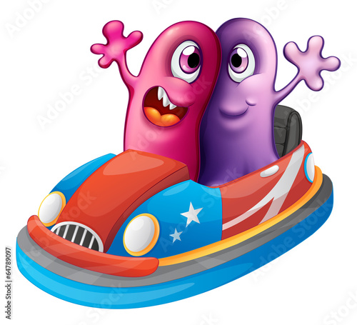Two monsters riding a car