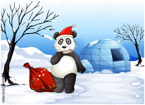 A panda with a red sack