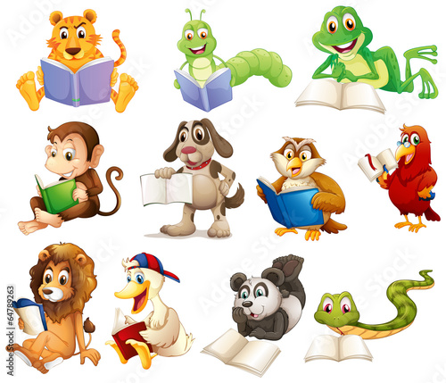 A group of animals reading