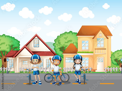 Three cute bikers at the road
