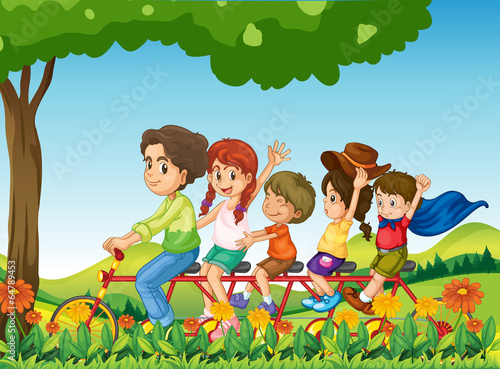 A happy family biking