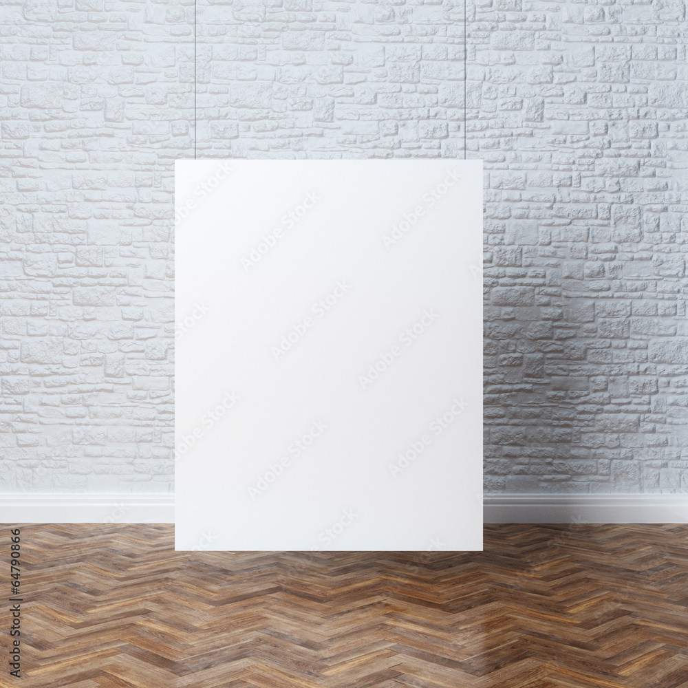 Gallery Interior With Decorative Stone Wall And Empty Frame Gallery Interior With Decorative Stone Wall And Empty Frame