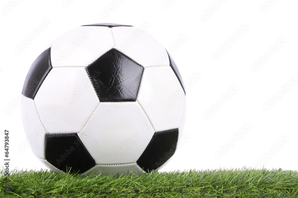 Stitch leather soccer ball on green grass. Stitch leather soccer ball on green grass.