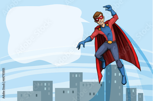 Male super hero character in flight, above the city