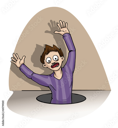 Scared man falling trough a hole in a floor, concept
