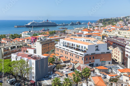 Aerial view of Funchal with cruise ship in the harbor