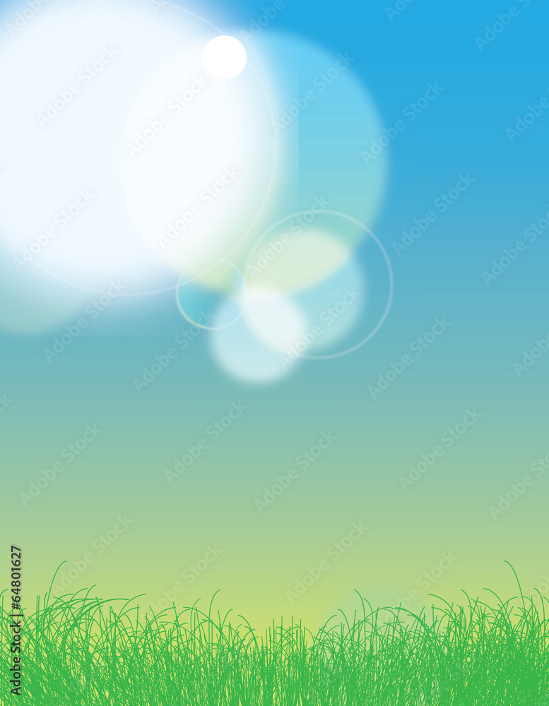 summer blue sky and green grass abstract sun shining retro backg